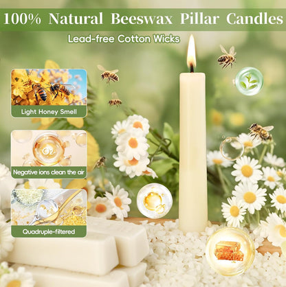 9 Inch Pure White Beeswax Taper Candles, 6 Pack, Non-Toxic, up to 10 Hours | 100% Natural，Long Lasting Burning，Dripless，Smokeless,Unscented Tapered Candle Sticks for Home,Dinne,Prayer,Wedding,Emergency