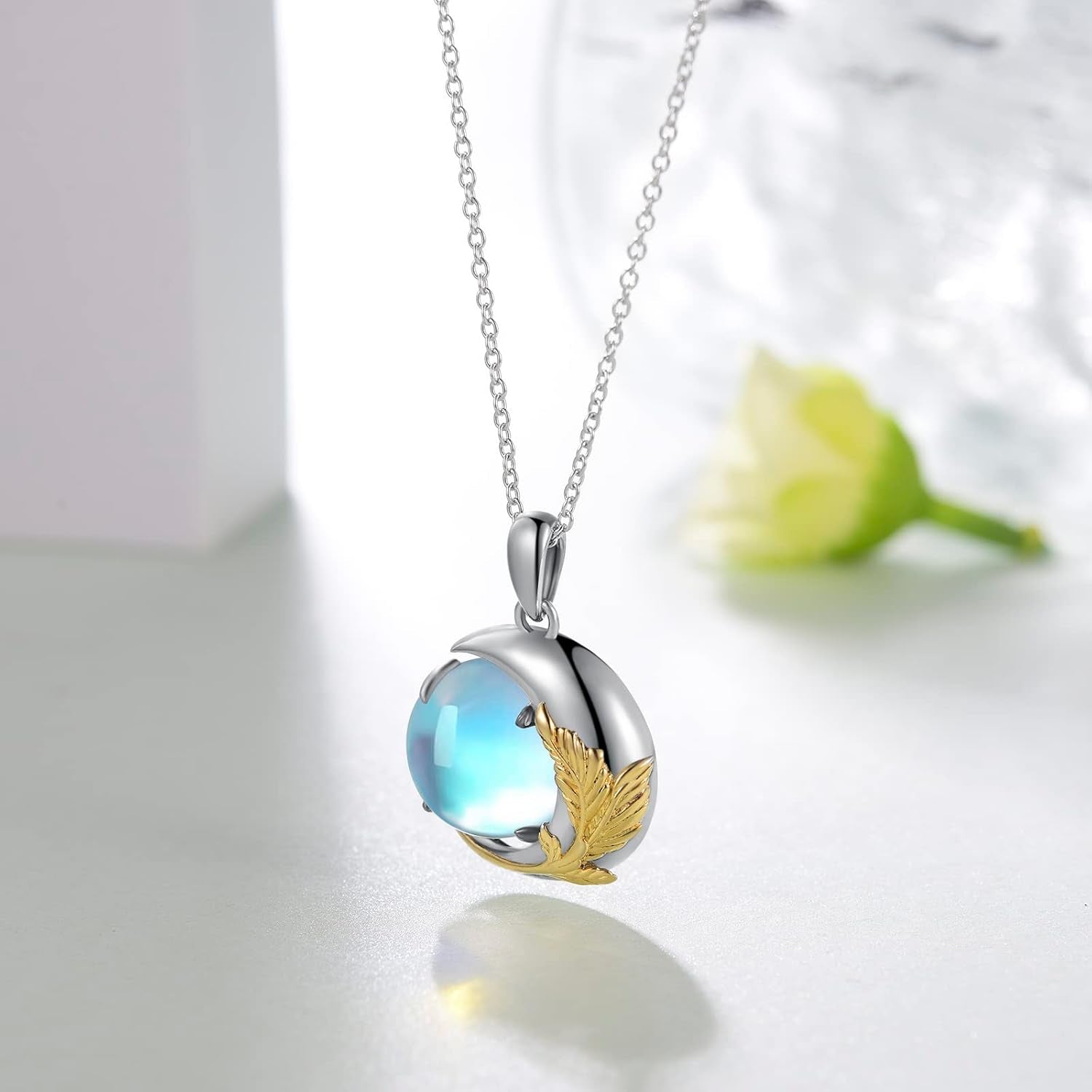 Moonstone Feather Necklace 925 Sterling Silver Moonstone Necklace Moonstone Crescent Moon Jewelry for Women Girlfriend Daughter