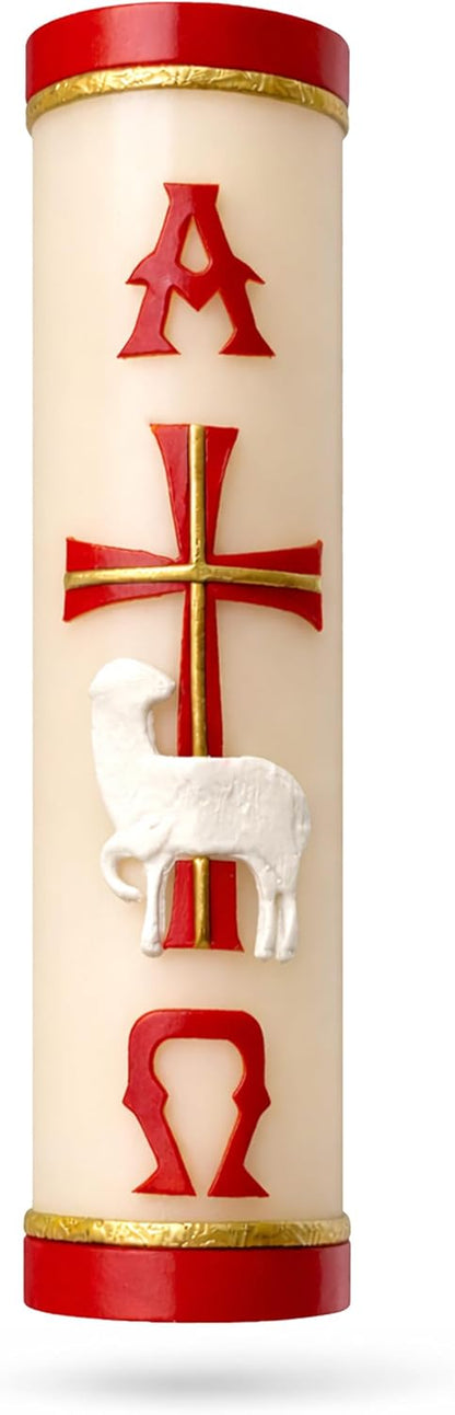 Handmade Paschal Red Candle with Alpha Omega Cross and Sheep