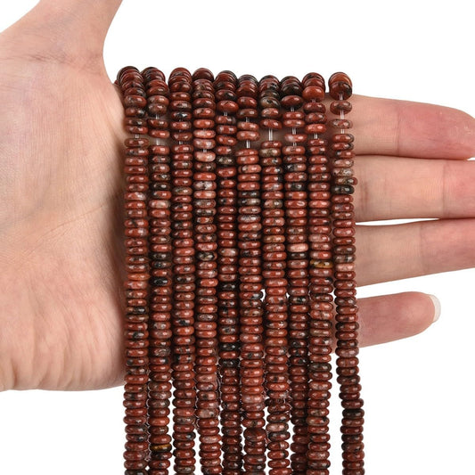 155Pcs 6X2Mm Natural Red Sesame Jasper Disk Rondelle Spacer Semi Precious Gemstone Loose Stone Beads for Jewelry Making 15 Inch