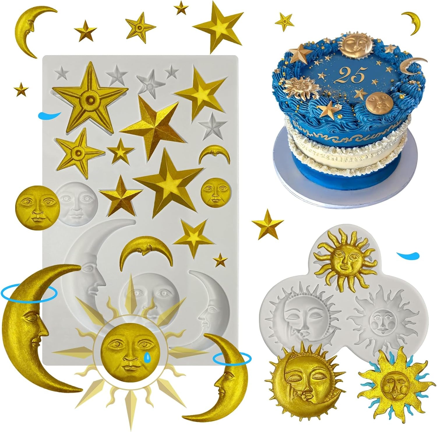 2 Pcs Sun Face Moon Star Silicone Molds Star Fondant Cake Molds Candy Polymer Clay Mold Silicone Moon Chocolate Mold for Cake Decorating, Cupcake, Clay, DIY Crafts, Fondant