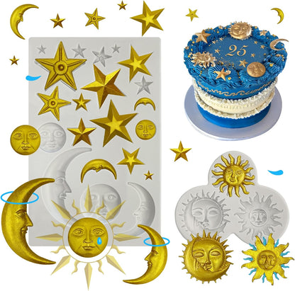 2 Pcs Sun Face Moon Star Silicone Molds Star Fondant Cake Molds Candy Polymer Clay Mold Silicone Moon Chocolate Mold for Cake Decorating, Cupcake, Clay, DIY Crafts, Fondant