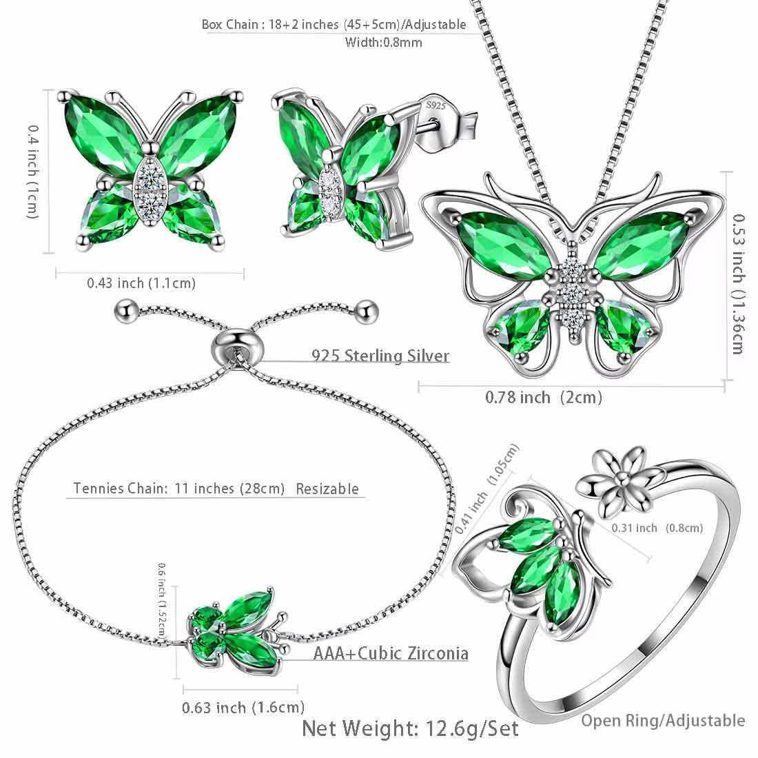 May Birthstone Jewelry Set Emerald Green Butterfly Fine Necklace/Earrings/Ring/Bracelet 925 Sterling Silver Women Xmas Birthday Mother'S Day Gift