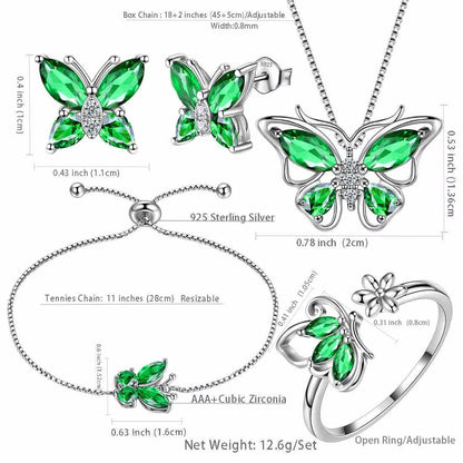 May Birthstone Jewelry Set Emerald Green Butterfly Fine Necklace/Earrings/Ring/Bracelet 925 Sterling Silver Women Xmas Birthday Mother'S Day Gift