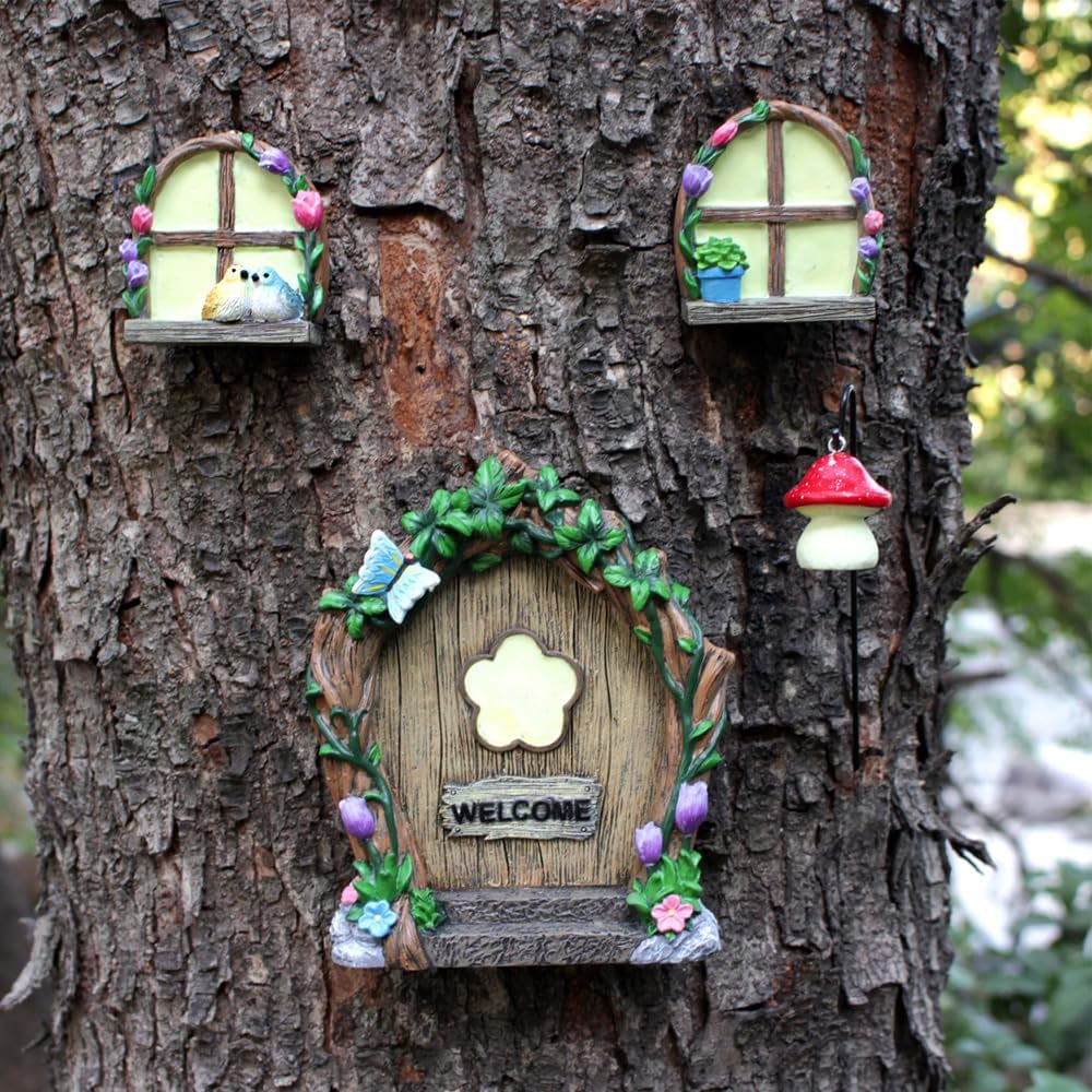 Garden Sculptures Outdoor Statues - Miniature Fairy Decoration, Gnomes Ornament Accessories Kit, Art Yard Tree Face, Figurine Decoration - Glow in the Dark