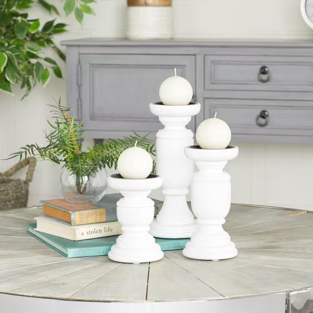 White Mango Wood Turned Style Pillar Candle Holder (Set of 3)