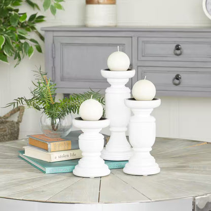 White Mango Wood Turned Style Pillar Candle Holder (Set of 3)