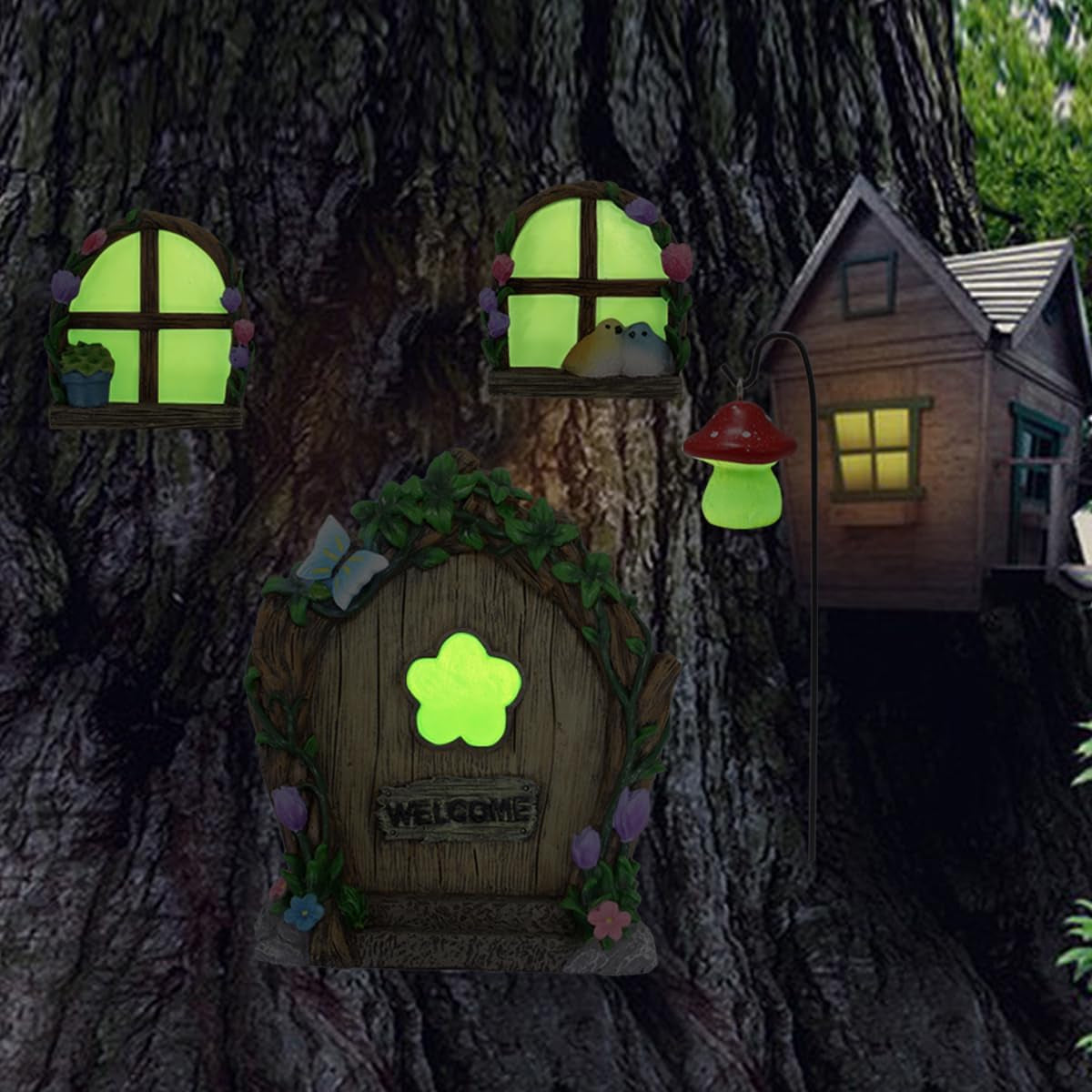 Garden Sculptures Outdoor Statues - Miniature Fairy Decoration, Gnomes Ornament Accessories Kit, Art Yard Tree Face, Figurine Decoration - Glow in the Dark