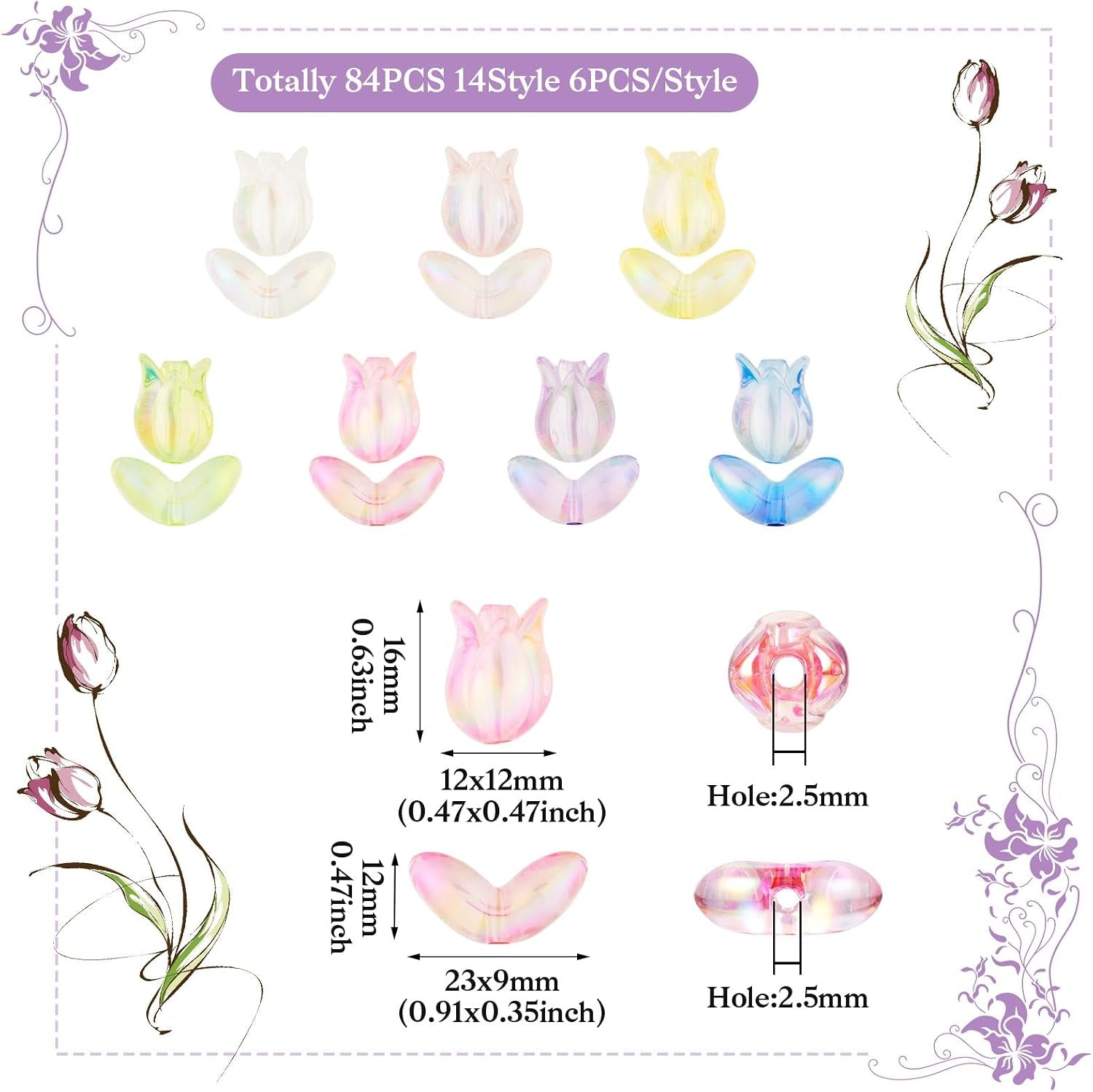 Pandahall 84Pcs Tulip Acrylic Translucent Bracelet Flower Beads - 7 Colors Iridescent Loose Spacer for Jewelry, Bracelets, Necklaces, Earrings, Chains, Accessories, 14