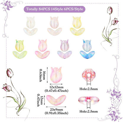 Pandahall 84Pcs Tulip Acrylic Translucent Bracelet Flower Beads - 7 Colors Iridescent Loose Spacer for Jewelry, Bracelets, Necklaces, Earrings, Chains, Accessories, 14