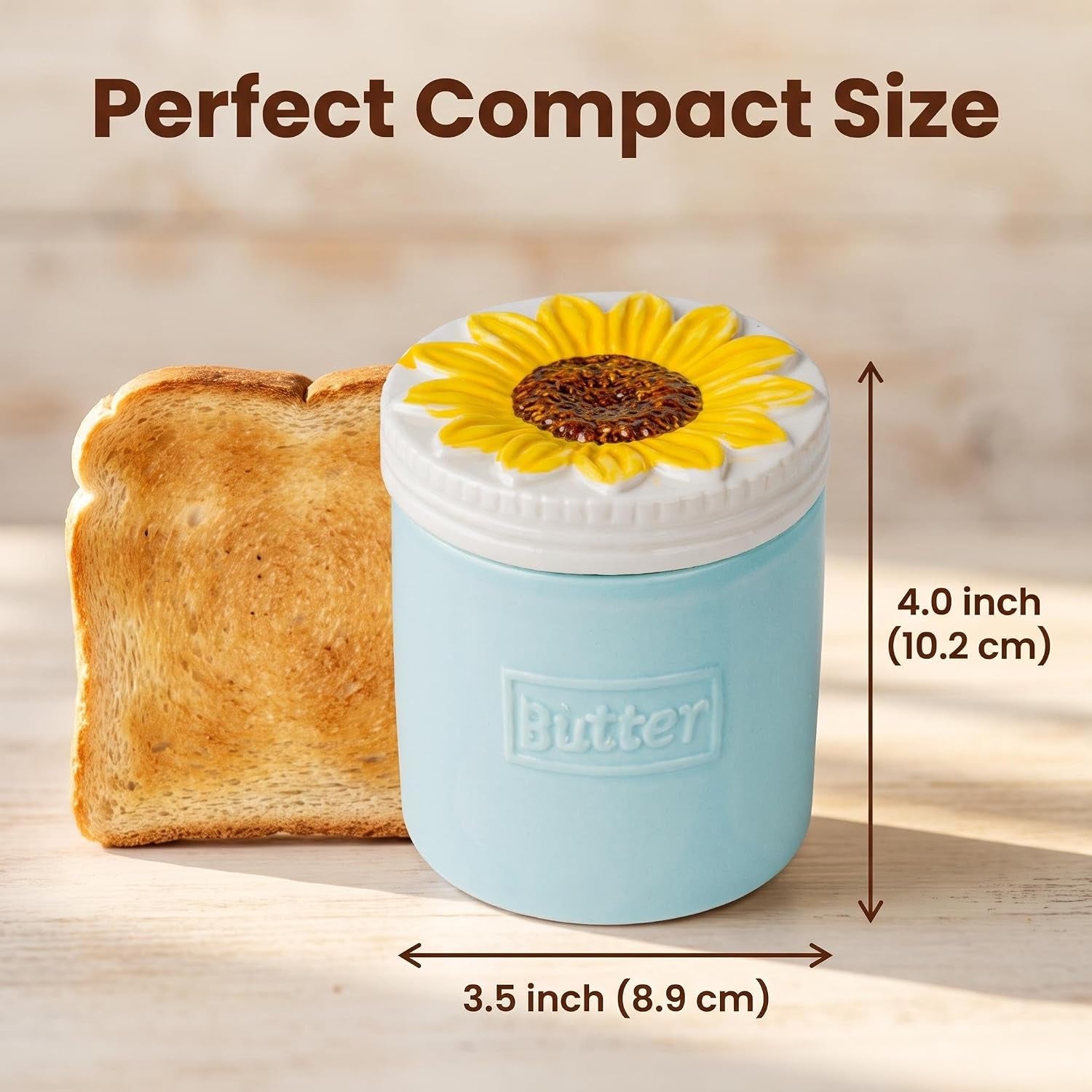 French Butter Crock Sunflower Ceramic Water Sealed Spreadable Butter Keeper | Blue Ceramic French Butter Crock with 3D Sunflower Lid for Keeping Butter Soft and Spreadable Using Water Seal Technology