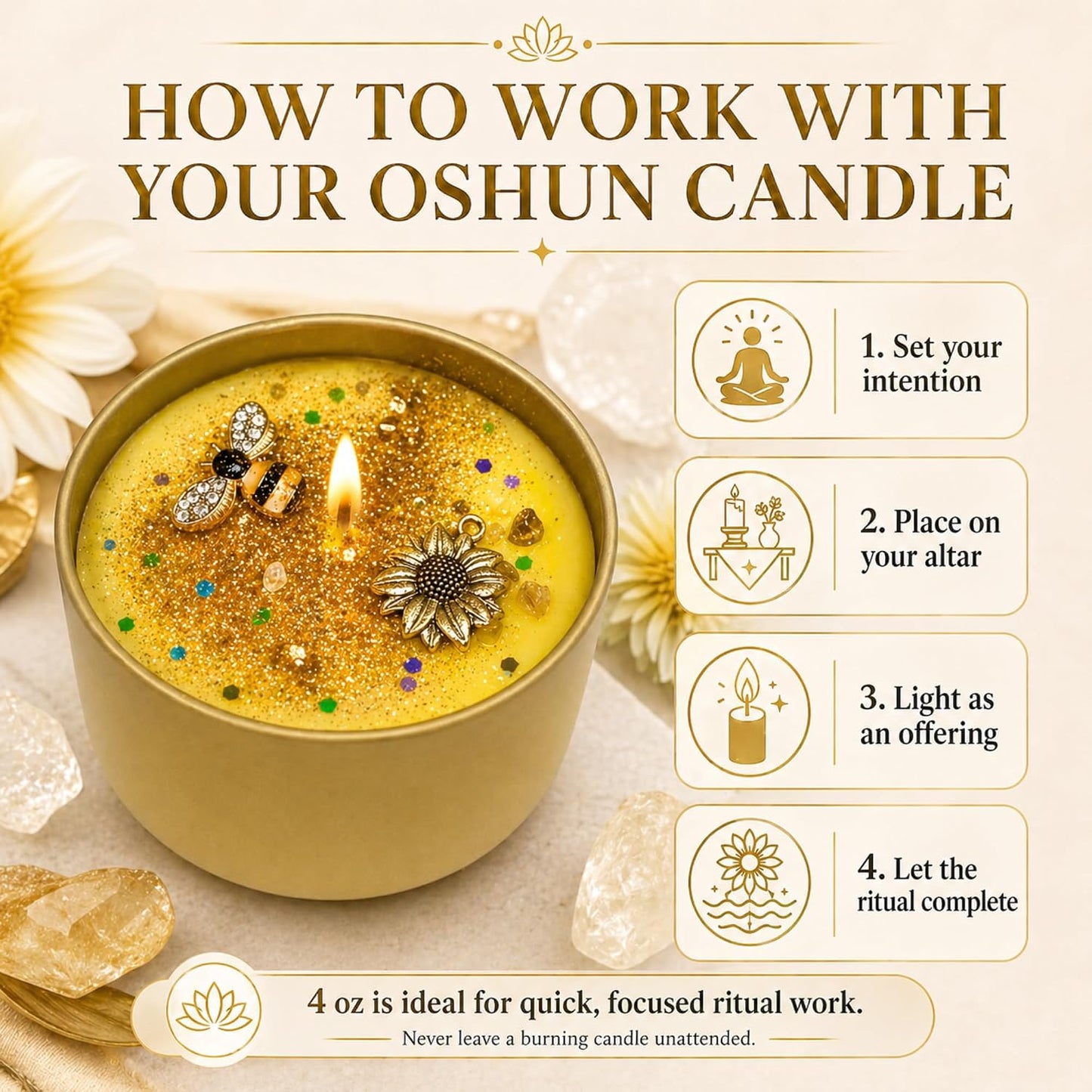 Oshun Spell Candle – Fixed, Dressed & Altar-Charged Candle for Love, Beauty, Abundance & Attraction – African Orisha, Santería, Ifá, Hoodoo, Pagan Magick Use (Small 4 Oz)