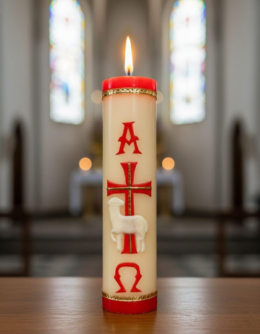Handmade Paschal Red Candle with Alpha Omega Cross and Sheep