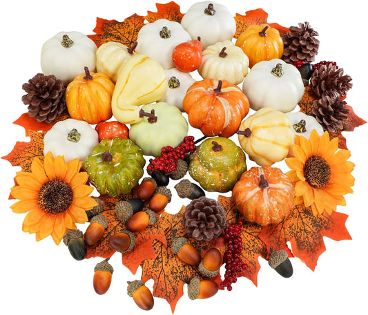 60 Pcs Assorted Small Artificial Pumpkins and Gourds with Acorns Pinecones Maple Leaves Sunflowers Fall Harvest Decoration Set for Thanksgiving Halloween Bowl Filler Table Centerpiece Wreaths
