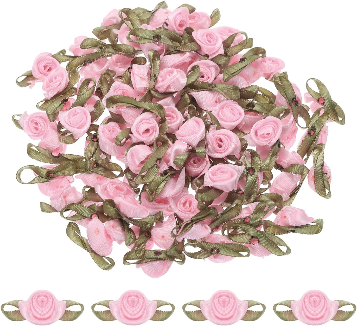 100Pcs Pink Ribbon Roses 5/8"X1-3/16" Mini Roses for Crafts Little Satin Bows Roses Artificial Flowers