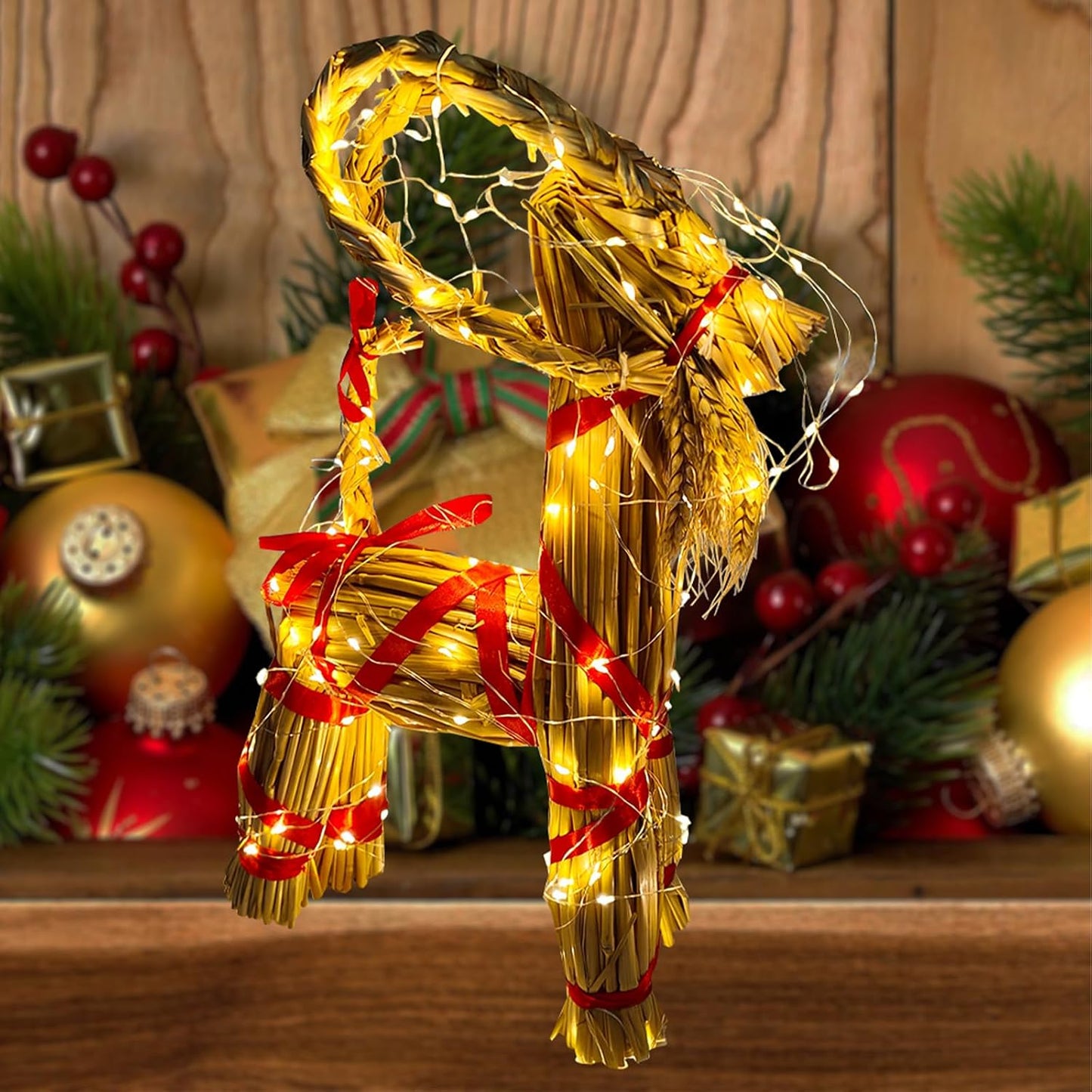 11.8" Lighted Christmas Straw Goat Home Decor Swedish Scandinavian Yule Style Decorative Handmade Ornaments with LED Light for Indoor Christmas Home Kitchen Bedroom Decor