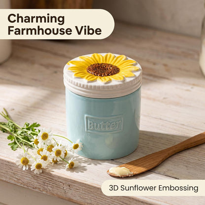French Butter Crock Sunflower Ceramic Water Sealed Spreadable Butter Keeper | Blue Ceramic French Butter Crock with 3D Sunflower Lid for Keeping Butter Soft and Spreadable Using Water Seal Technology