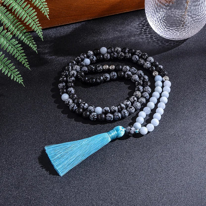 8Mm Natural Stone Beads,Snowflake Obsidian,Aguamarina,Japamala Sets,Spiritual Meditation Yoga Jewelry,108 Mala Beads Necklace