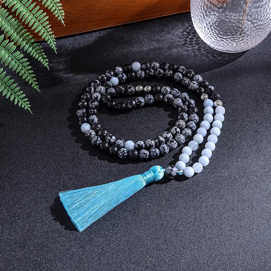 8Mm Natural Stone Beads,Snowflake Obsidian,Aguamarina,Japamala Sets,Spiritual Meditation Yoga Jewelry,108 Mala Beads Necklace