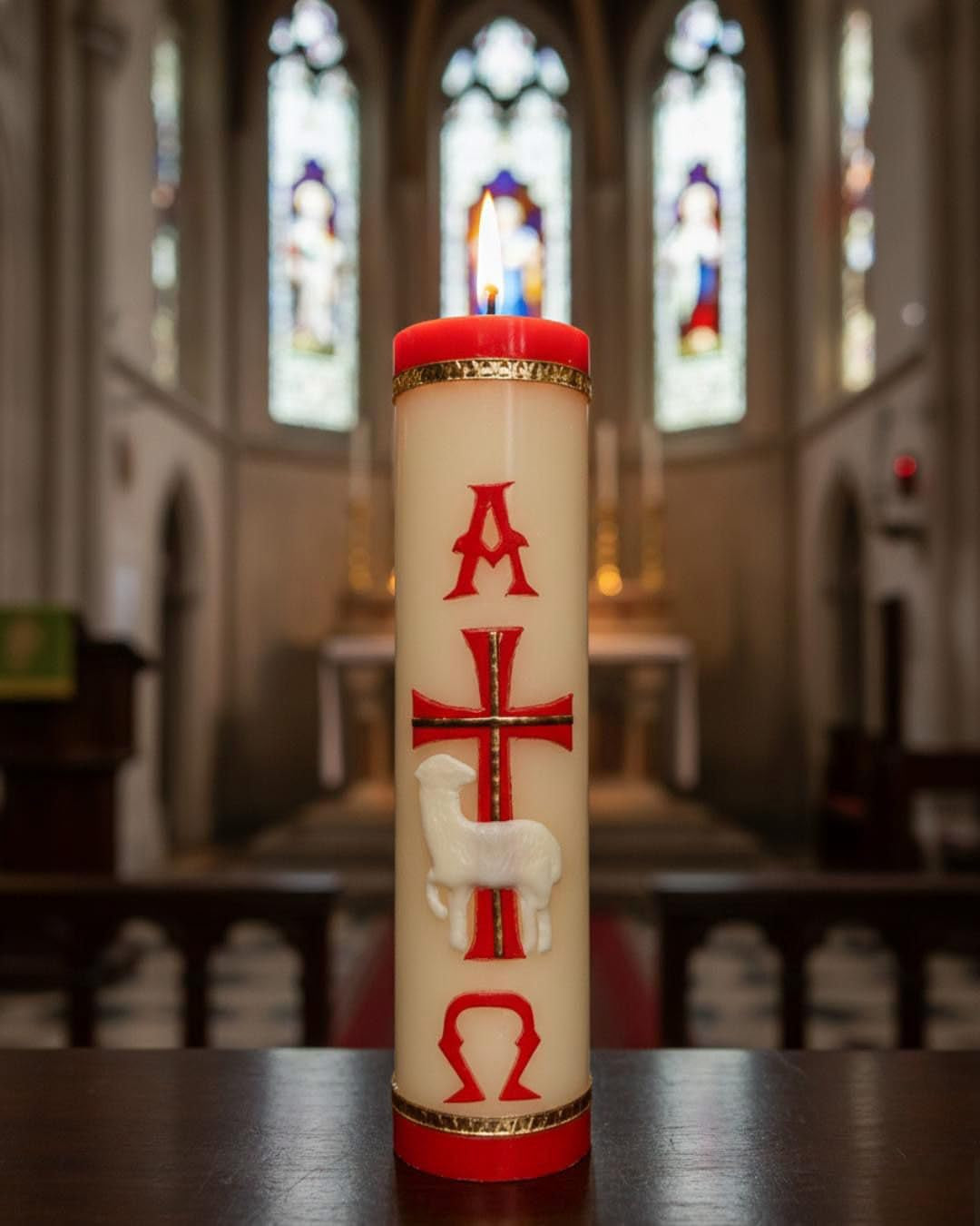 Handmade Paschal Red Candle with Alpha Omega Cross and Sheep