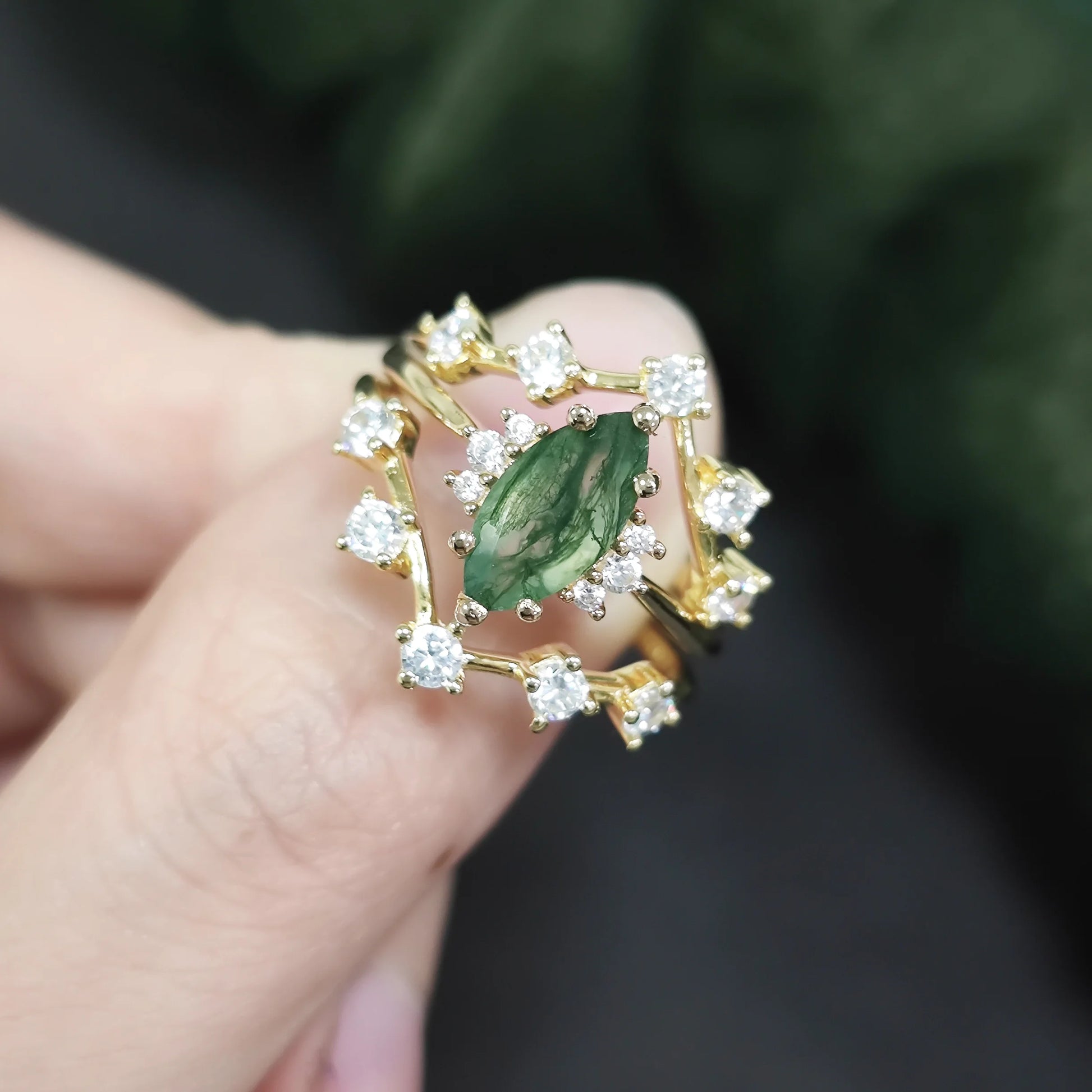 Marquise 5X10Mm 925 Sterling Silver Natural Moss Agate Engagement Ring Bridal Wedding Ring for Her Moss Agate Dainty Ring Set