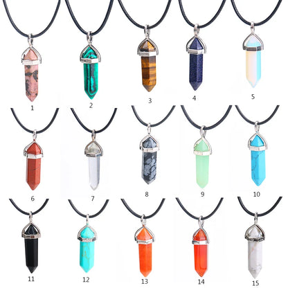 24 Design Natural Green Aventurine Opal Quartz Crystal Pendant Black Leather Hexagon Pendant Chrysocolla Choker Necklace Jewelry