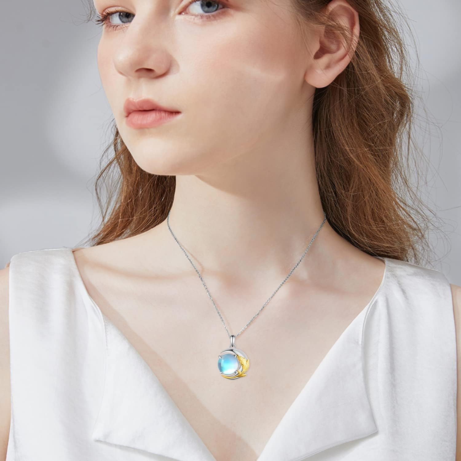 Moonstone Feather Necklace 925 Sterling Silver Moonstone Necklace Moonstone Crescent Moon Jewelry for Women Girlfriend Daughter