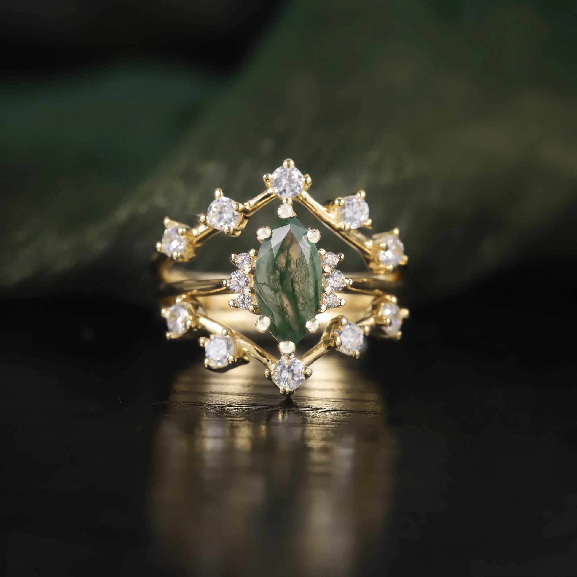Marquise 5X10Mm 925 Sterling Silver Natural Moss Agate Engagement Ring Bridal Wedding Ring for Her Moss Agate Dainty Ring Set