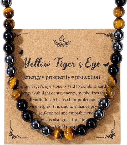 Mens Healing Crystal Black Obsidian Tigers Eye Hematite Beaded Necklace Natural Stone Beads Necklace Triple Protection Jewelry Gifts for Men Stress Relief,Balance