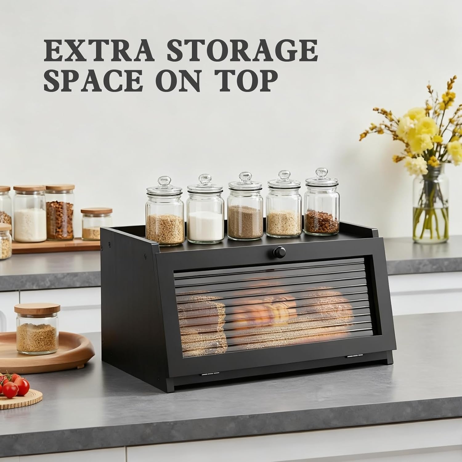 Bread Box for Kitchen Countertop,Black | Wooden,Large, Farmhouse Bread Container Holder Storage, Acrylic Translucent Window