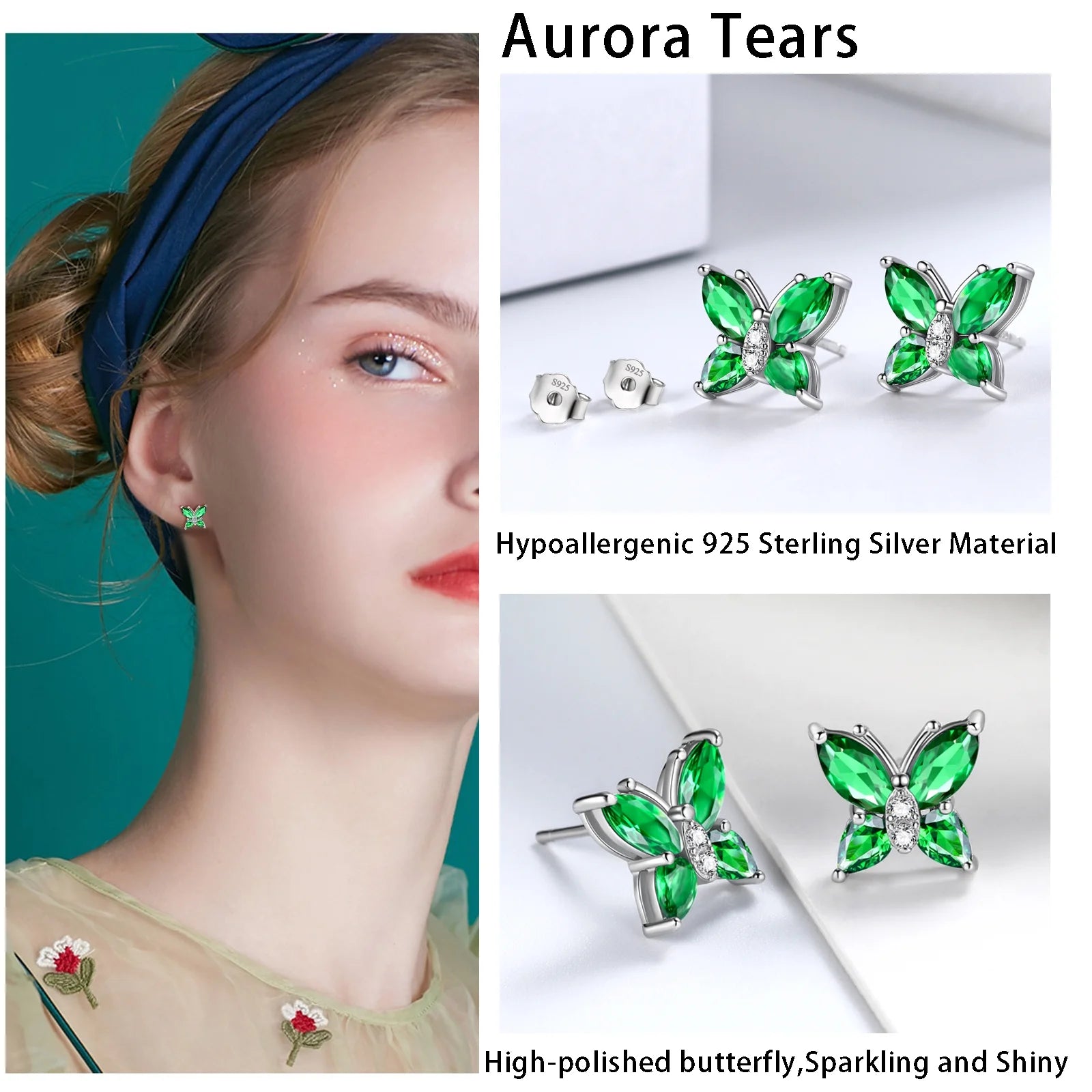 May Birthstone Jewelry Set Emerald Green Butterfly Fine Necklace/Earrings/Ring/Bracelet 925 Sterling Silver Women Xmas Birthday Mother'S Day Gift