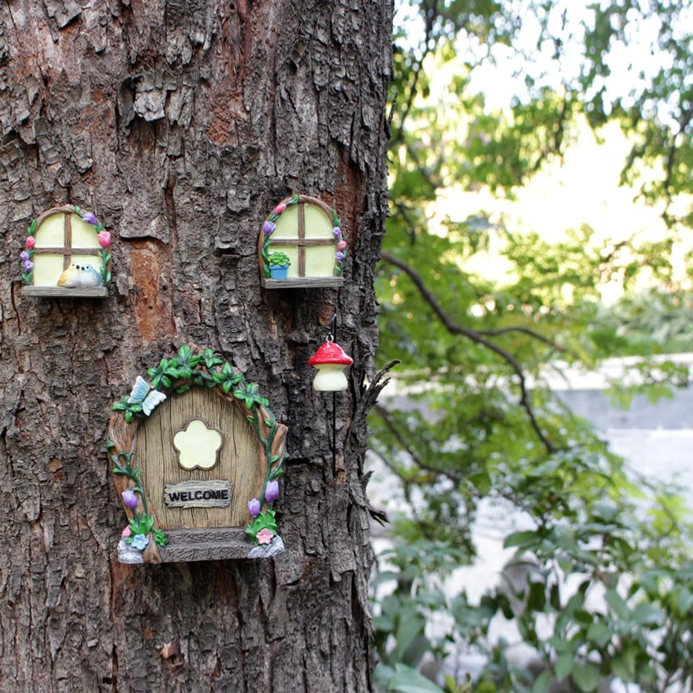 Garden Sculptures Outdoor Statues - Miniature Fairy Decoration, Gnomes Ornament Accessories Kit, Art Yard Tree Face, Figurine Decoration - Glow in the Dark
