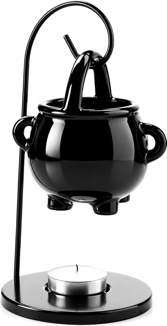 Hanging Pagan Cauldron Oil Burner, Black Wax Warmer Aroma Diffuser, with Handle, for Essential Fragrance Wax Melts, Enchanting Witches' Home Decor Element.