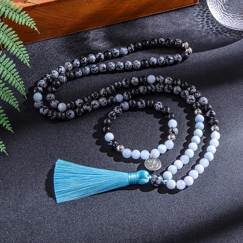 8Mm Natural Stone Beads,Snowflake Obsidian,Aguamarina,Japamala Sets,Spiritual Meditation Yoga Jewelry,108 Mala Beads Necklace
