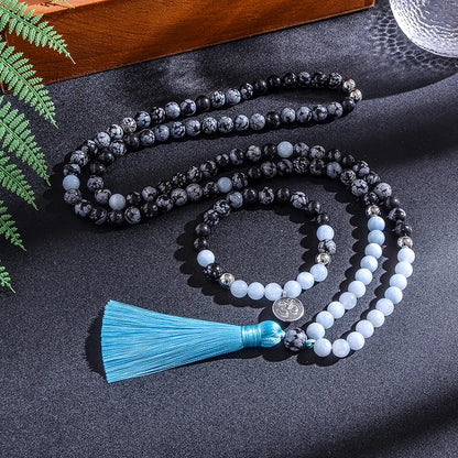 8Mm Natural Stone Beads,Snowflake Obsidian,Aguamarina,Japamala Sets,Spiritual Meditation Yoga Jewelry,108 Mala Beads Necklace