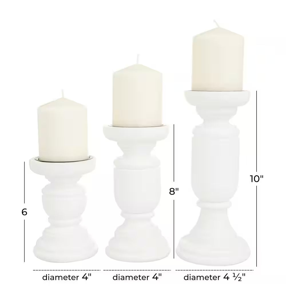 White Mango Wood Turned Style Pillar Candle Holder (Set of 3)