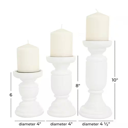 White Mango Wood Turned Style Pillar Candle Holder (Set of 3)