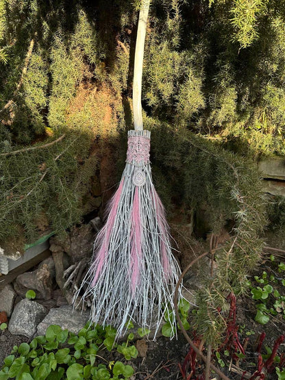 White and Pink Birch Broom, Wedding Broom with Feathers, Broomstick, Besom, Besom Broom, Hexenbesen, Full Size Large Witch Broom