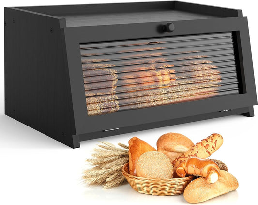 Bread Box for Kitchen Countertop,Black | Wooden,Large, Farmhouse Bread Container Holder Storage, Acrylic Translucent Window