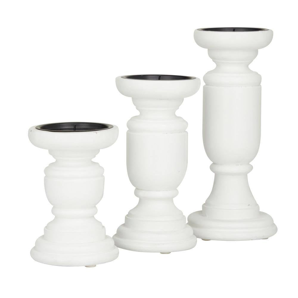 White Mango Wood Turned Style Pillar Candle Holder (Set of 3)