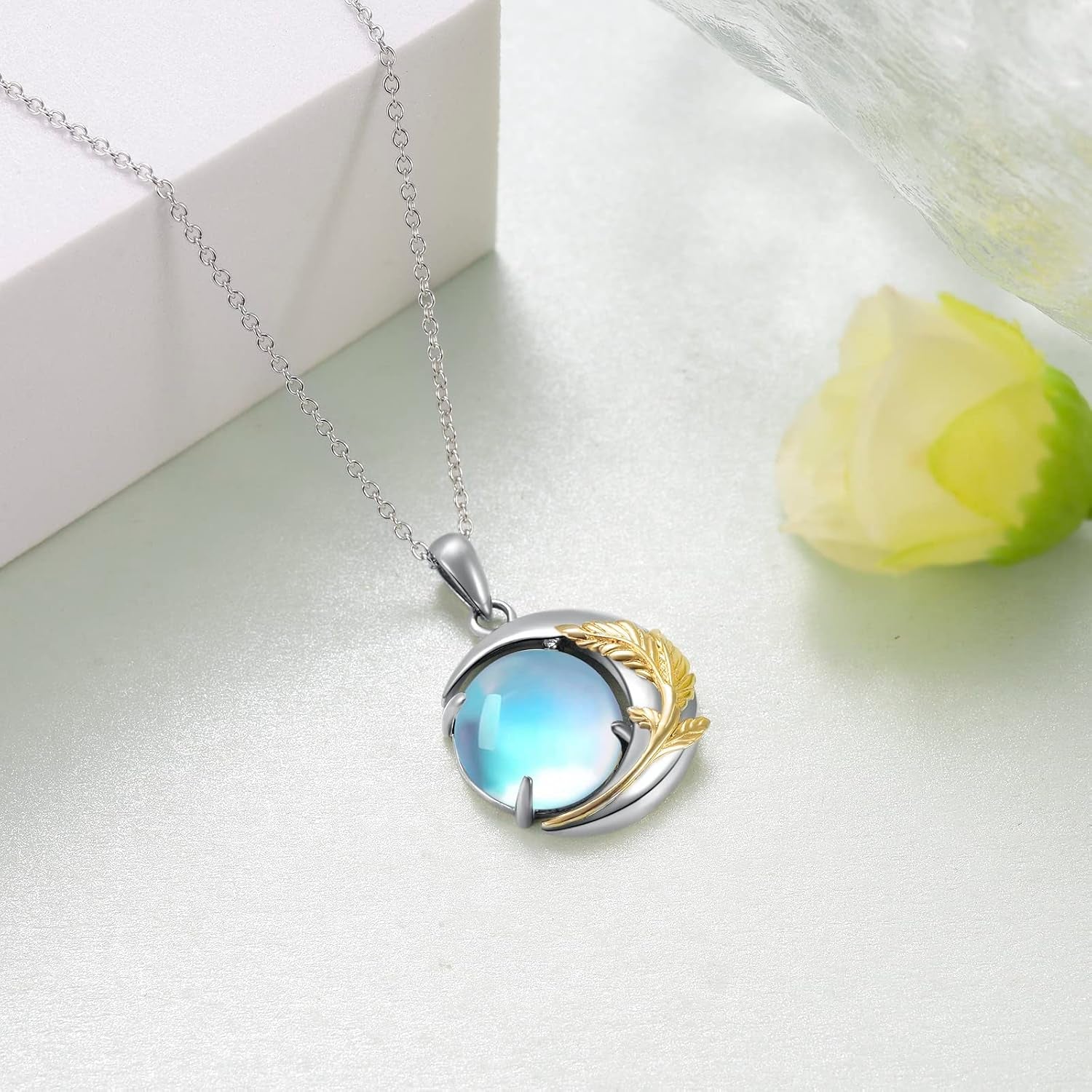 Moonstone Feather Necklace 925 Sterling Silver Moonstone Necklace Moonstone Crescent Moon Jewelry for Women Girlfriend Daughter