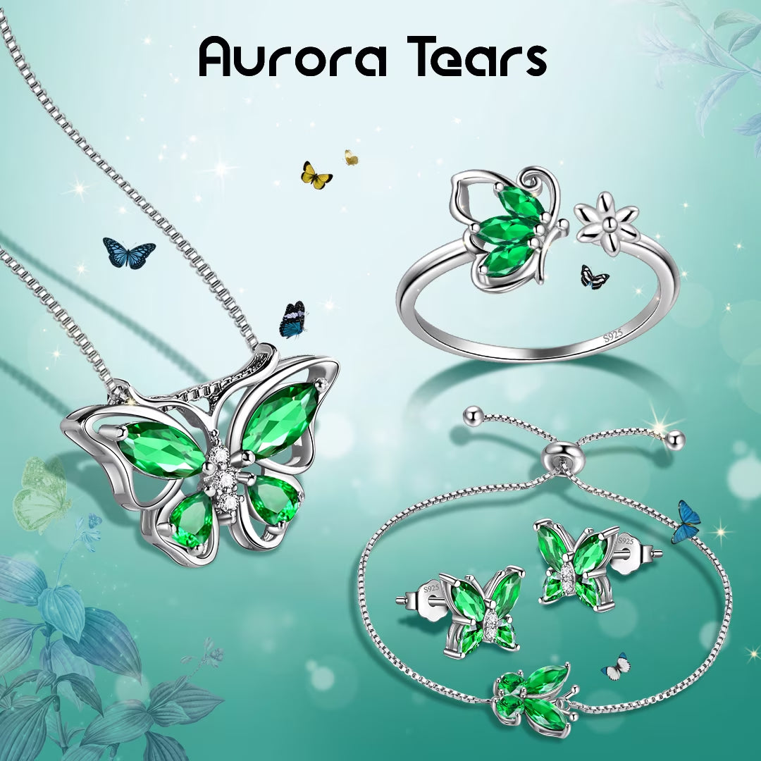 May Birthstone Jewelry Set Emerald Green Butterfly Fine Necklace/Earrings/Ring/Bracelet 925 Sterling Silver Women Xmas Birthday Mother'S Day Gift