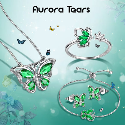 May Birthstone Jewelry Set Emerald Green Butterfly Fine Necklace/Earrings/Ring/Bracelet 925 Sterling Silver Women Xmas Birthday Mother'S Day Gift