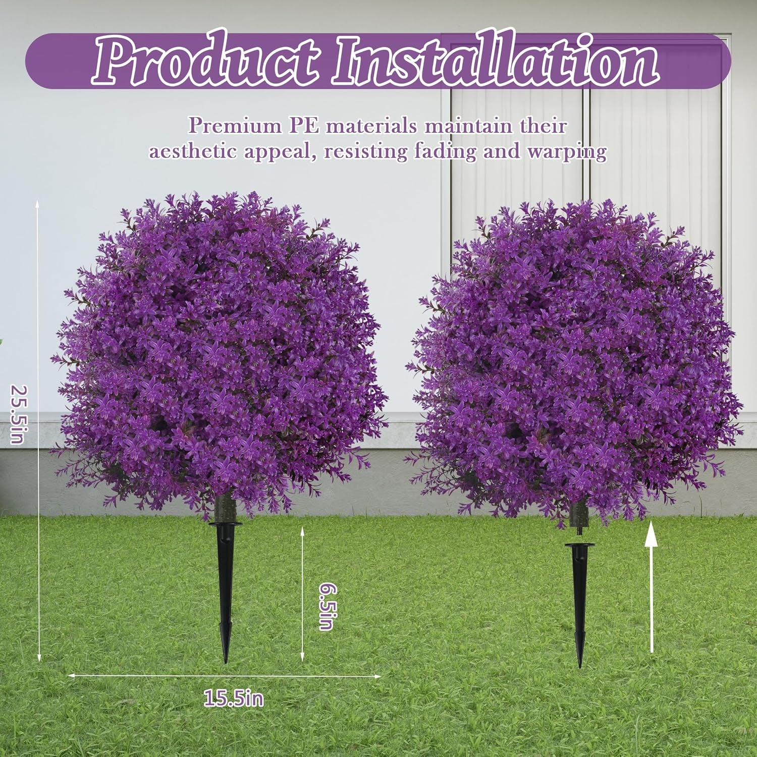 25.5" Set of 2 Artificial Lilac Flowers Tree Rose Lilac Bush | Faux Lilac Shrub Bushes with Ground Spike, UV Resistant Fake Delphinium Antirrhinum for Indoor, Garden, Porch, Patio Decor
