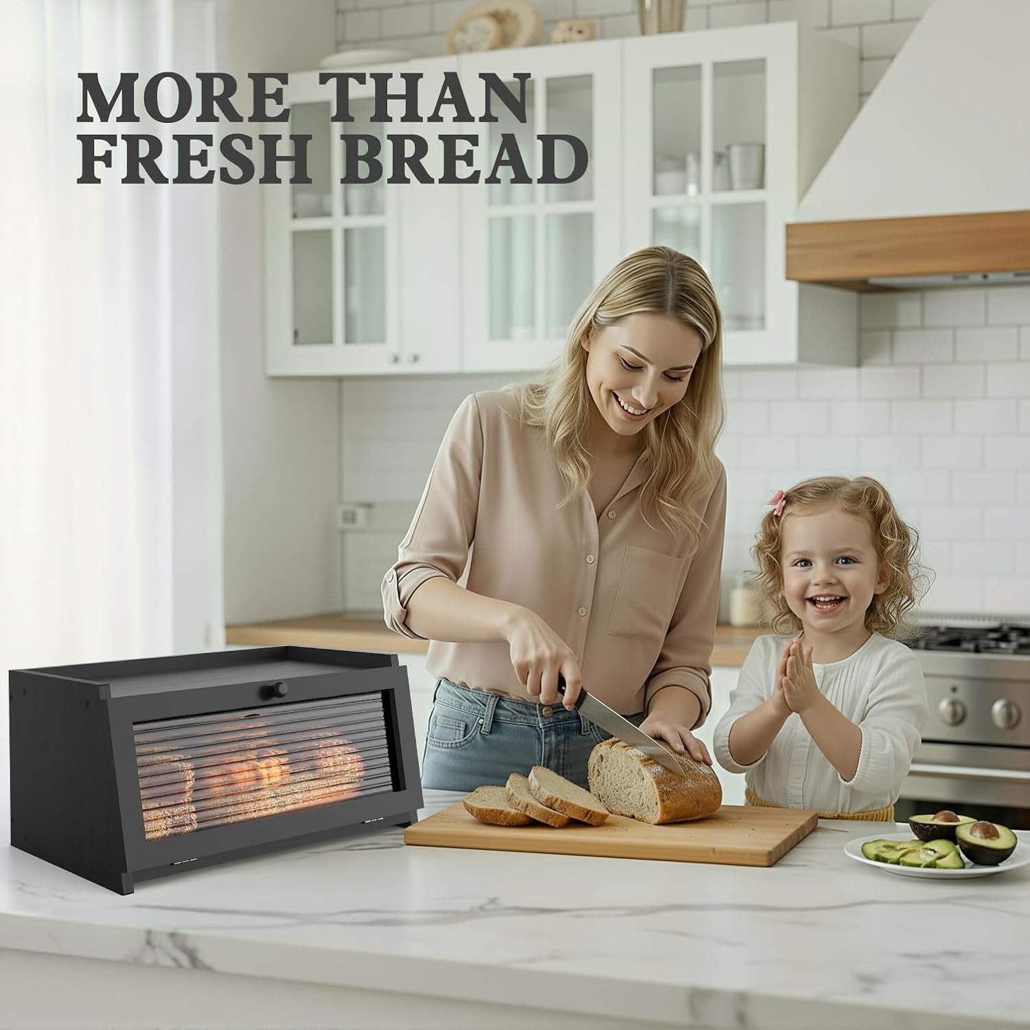 Bread Box for Kitchen Countertop,Black | Wooden,Large, Farmhouse Bread Container Holder Storage, Acrylic Translucent Window