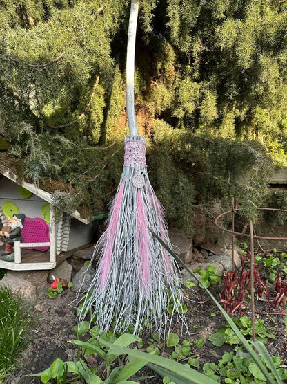 White and Pink Birch Broom, Wedding Broom with Feathers, Broomstick, Besom, Besom Broom, Hexenbesen, Full Size Large Witch Broom
