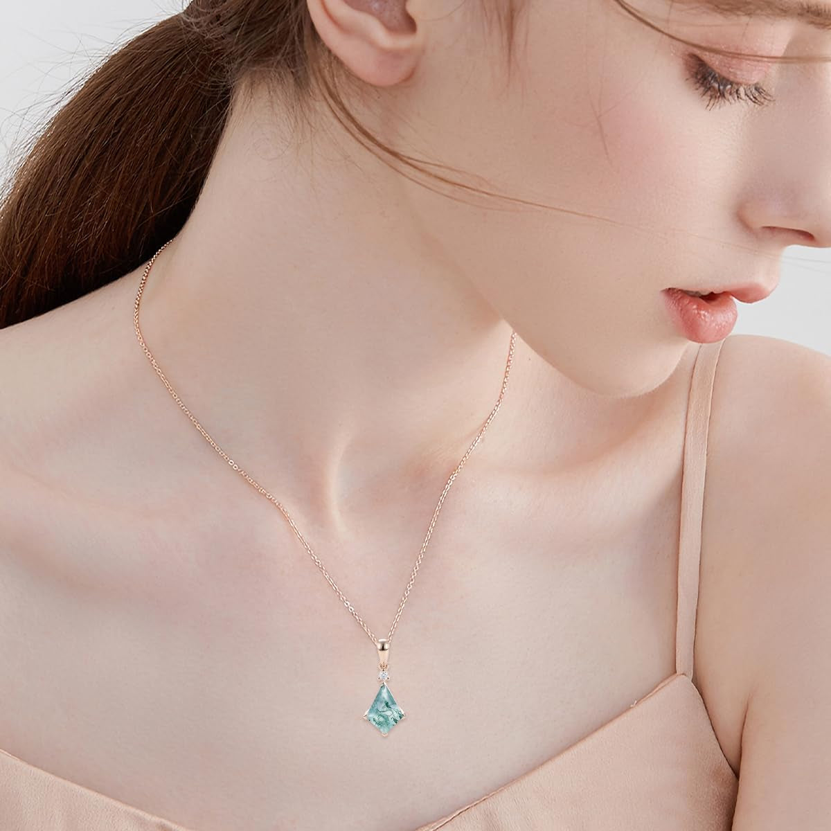 Moss Agate Pendant Necklaces for Women 1CT Kite-Cut Moss Agate Necklace Yellow/White/Rose Gold Plated 925 Sterling Silver