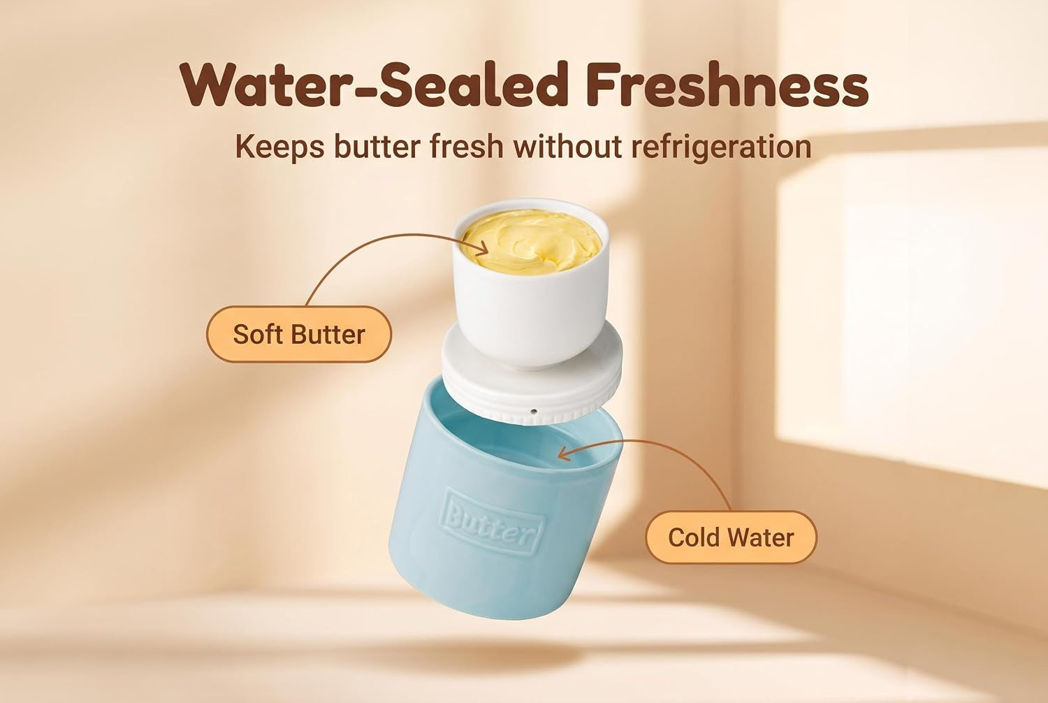 French Butter Crock Sunflower Ceramic Water Sealed Spreadable Butter Keeper | Blue Ceramic French Butter Crock with 3D Sunflower Lid for Keeping Butter Soft and Spreadable Using Water Seal Technology