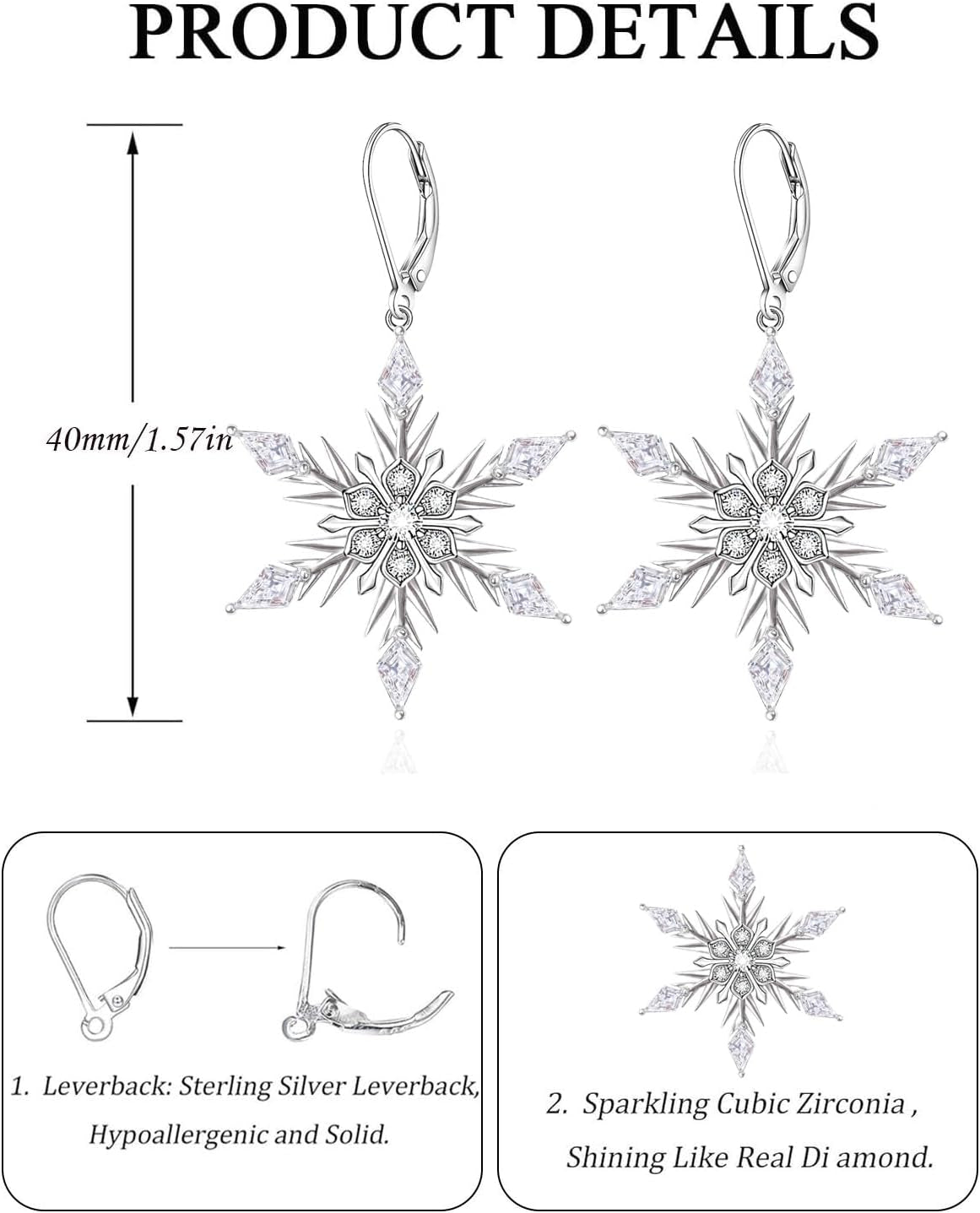 Snowflake/Christmas Tree Earrings for Women 925 Sterling Silver Leverback Earrings Holiday Winter Jewelry Gifts
