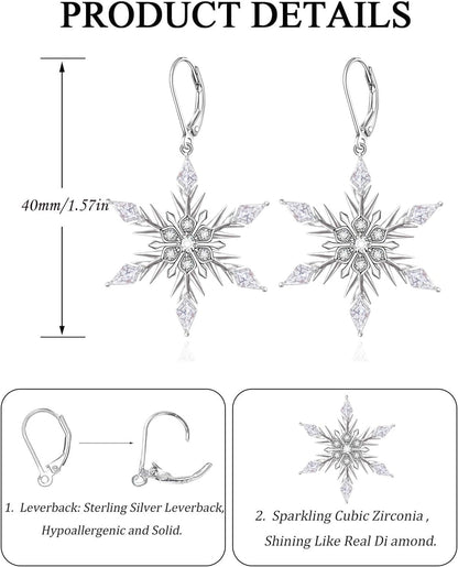 Snowflake/Christmas Tree Earrings for Women 925 Sterling Silver Leverback Earrings Holiday Winter Jewelry Gifts